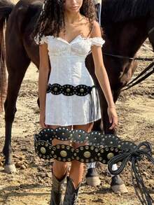 1pc Patchwork Bohemian PU Leather Vintage Hollow Round Waist Belt, Punk Cowgirl Style For Women, Distressed Rivet Accent Versatile For Skirt & Pants Summer, School Fall, Autumn, Halloween - Multicolor - View 17