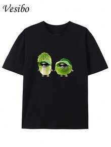 Camiseta de cuello redondo con patrón creativo de gato de repollo y gato de bok choy, de algodón puro, de moda para el verano, de mangas cortas, estilo casual para el día a día. - Negro - Ver 3
