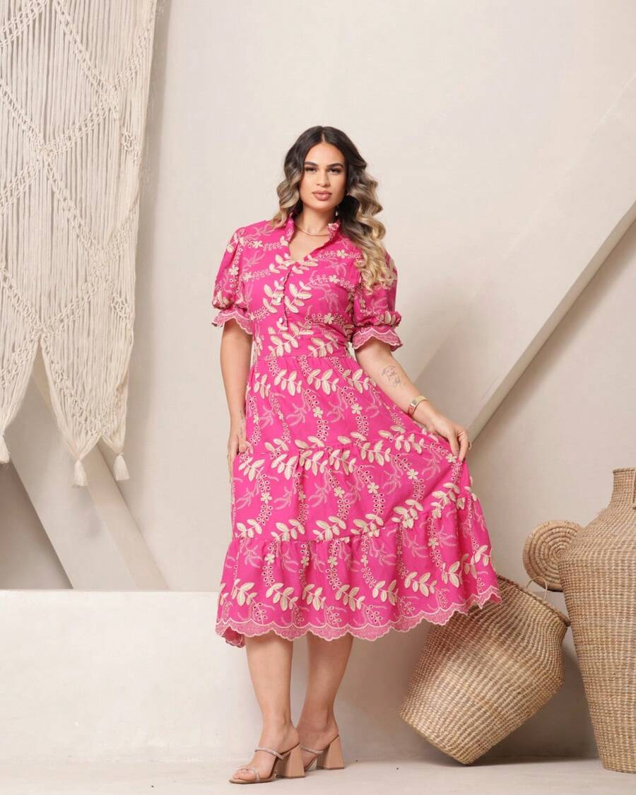 Women's Fashion Midi Dress In 3D Laise Fabric With Elastex On The Back And Button On The Front And Lining - 粉紅色雙色 - 查看 1
