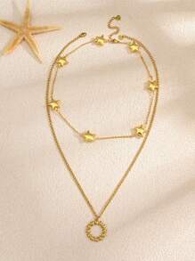 2er Set Halskette mit Edelstahl, goldplattierter Muschel, Niet Herz, Blume, Stern, Kreuz, Kunstperle, handgefertigt, für Damen geeignet für Alltag, Strand, Party, Urlaub, als Geschenk für Freunde