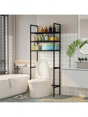 1pc 3-Layer Shelf Placed On The Toilet, Independent Metal Toiletries Rack With Anti Fall Accessories, Adjustable And Space Saving Bathroom Storage Rack, Suitable For RV Toilets, Washing Machines, Household Kitchen Utensils Storage, Durable Metal Structure
