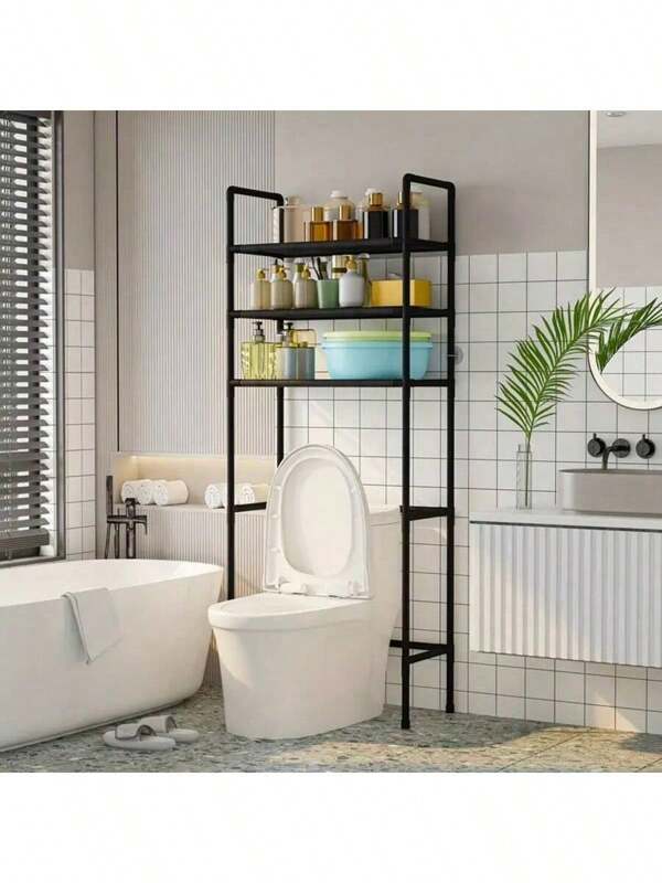 1 pezzo Scaffale a 3 ripiani da appoggiare sul water, cremagliera indipendente in metallo per articoli da toilette con accessori antiscivolo, regolabile e salvaspazio per il bagno, adatto per WC di camper, lavatrici, stoccaggio di utensili da cucina domestici, struttura in metallo durevole