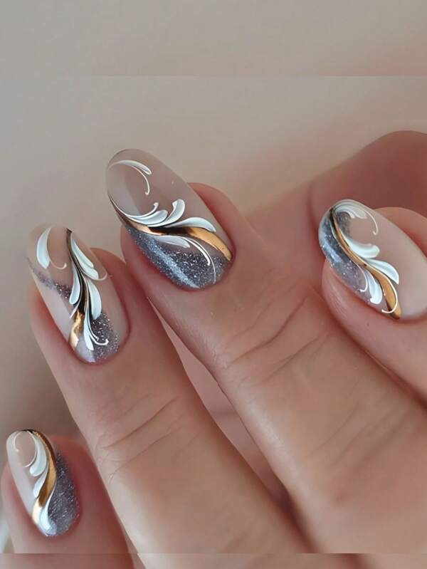 Enhance Your Elegance And Fashion, 24pcs Short Oval Fake Nails, Wearable Nail Tips, Manicure Accessories, Glossy | Gold Wave Line | Minimalist Color | Glitter Design, Suitable For Daily And Special Occasions, Versatile And Stylish, Wear To Look Bright And Cute, Showcase Your Charming Personalized