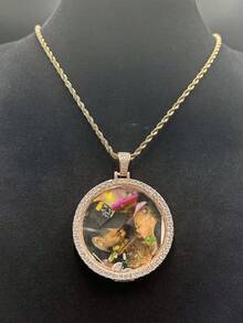 Custom Men's Hip Hop DIY Round Photo Frame Fully Paved Zirconia Stone Necklace, Shiny Personalized Accessory - Multicolor - View 3