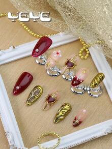 增添一丝浪漫气息，10 件杏仁形闪亮酒红色经典法式假指甲，优雅手工波西米亚全覆盖假指甲套装，北欧古金色星花全覆盖亚克力按压指甲，1 件装美甲套装，适合女士和女孩，含 1 个迷你指甲锉和 1 张粘性标签，美甲用品