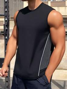 Camiseta masculina com estampa de cor sólida e gola redonda, leve, casual, para atividades ao ar livre, corrida, ciclismo, exercícios, fitness, basquete, regata esportiva - Preto - Ver 3