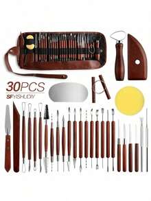 30 件陶艺雕刻工具套装，包括粘土针、花边刀、红木粘土雕刻工具（用于陶瓷、雕塑）