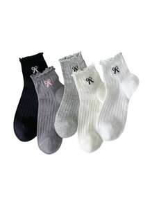 5 pares de calcetines de algodón fino hasta la rodilla para mujer con diseño de lazo, para primavera y verano