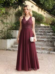 Babyonlinedress BABYONLINE D.R.E.S.S. V-Neck Guipure Lace Insert Chiffon A-Line Prom Bridesmaid Dresses,Formal Wedding Guest Gown, For Graduation, Dinner - 酒紅色 - 查看 3