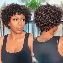 Elegant Afro Kinky Curly Wig For Woman, Glueless Human Hair With Bangs,180%Density, Rose Net Cap, Everyday Look | Chic Style | Remy Human Hair - 自然色&黑色系 - 查看 1