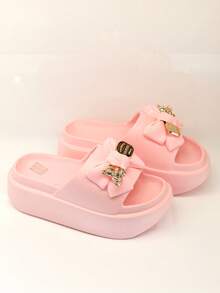 Revreal Black Platform Slides with Bow Accent可愛基本款沙灘Casual休閒Outdoor戶外 - 粉色 - 查看 2