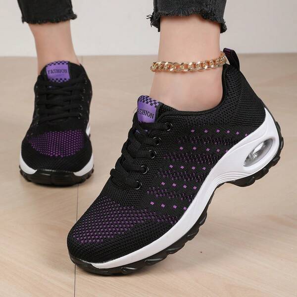Women's Mesh Sneakers With Thick Sole Air Cushion, Lace-Up Casual Travel Shoes, Fashion Breathable Lightweight Casual Sports Shoes, Lace-Up Closed