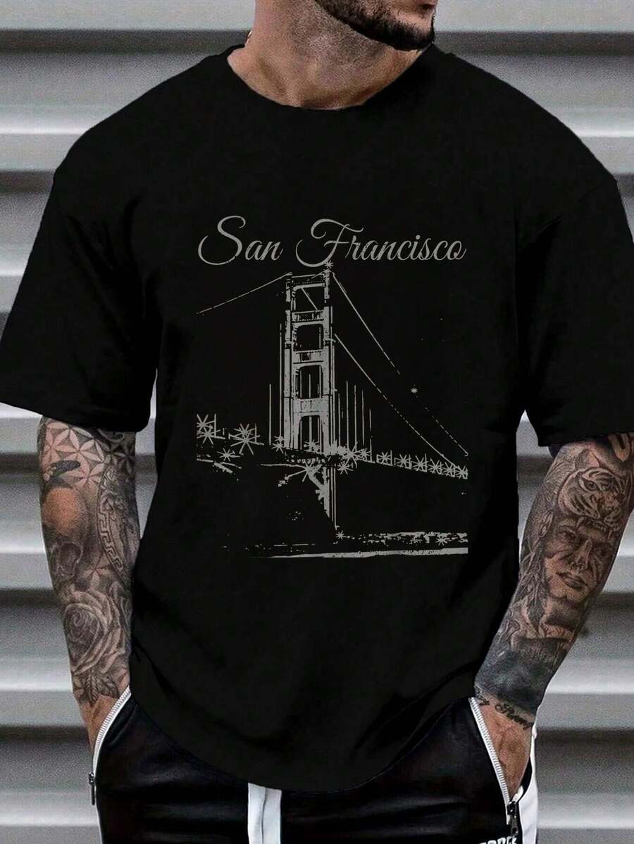 100% Cotton San Francisco Golden Gate Bridge California USA Souvenir T-Shirt Fashion Women's Men's Graphic Tee Causal Tops - 黑色 - 查看 1