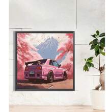 30*40cm Diamond Painting Art Canvas Wall Decor, Featuring Car & Pink Cherry Blossoms, Diamond Painting Kit, Frameless Poster For Bedroom, Living Room, Office Decoration