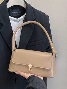 高级简约纯色女士单肩包、翻盖斜挎包、法棍包、手提包、腋下包、方形包、1 个 PU 皮革纹理钱包、时尚多功能、优雅性感、适合手持、单肩、工作、商务、通勤、户外、旅行