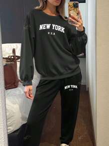 Conjunto deportivo informal de sudadera para mujer con estampado de Nueva York, EE.UU. para otoño e invierno