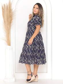 Women's Midi Dress With Embroidered Laise All-Over Print Embroidery Button Ruffles Gathered Formal And Evening - Two-tone Navy Blue - View 3