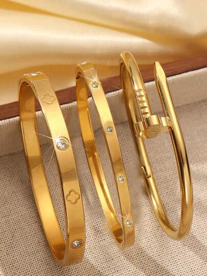 3PCS Fashion 18K Gold-Plated Stainless Steel Four-Leaf Clover Nail Bracelet, Suitable For Women's Parties, Daily Wear, European And American Style, Personalized, Generosity, Luxury Cubic Zirconia Band, Wedding Jewelry Set, Gift For Girls, Ladies, Relatives, Friends, Beautiful Wedding, Birthday, Valentine's Day, Mother, Mother's Day