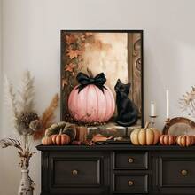 1pc Canvas Wall Art, Halloween Wall Art, Halloween Poster, Framed Wall Art, Playful Black Cat And Pink Pumpkin Poster, Halloween Horror Wall Art, Autumn Home Decor, Autumn Decoration, Cute Decoration, Halloween Decoration, Room Decor, Dorm Decor, Bedroom Home Decor, Autumn Wall Decor - Multicolor - View 12