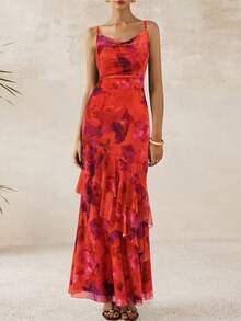 Women's Long Dress Summer Ruffled Layered Floral Beach Sundress With Thin Straps Wedding Guest Dress - Rust Red Print - View 2