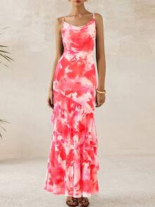 Women's Long Dress Summer Ruffled Layered Floral Beach Sundress With Thin Straps Wedding Guest Dress - 粉底紅花色 - 查看 1