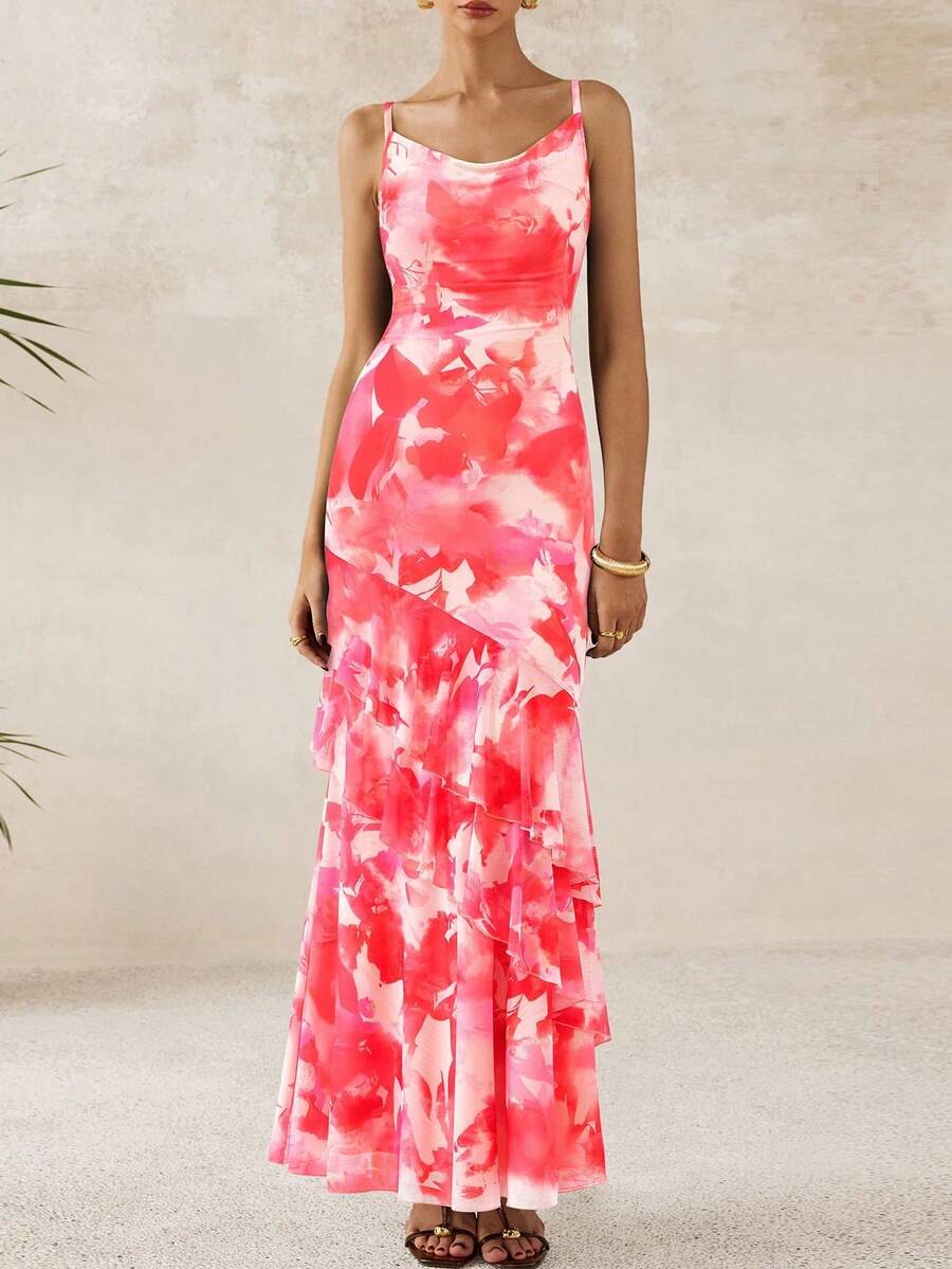 Women's Long Dress Summer Ruffled Layered Floral Beach Sundress With Thin Straps Wedding Guest Dress - 粉底紅花色 - 查看 1