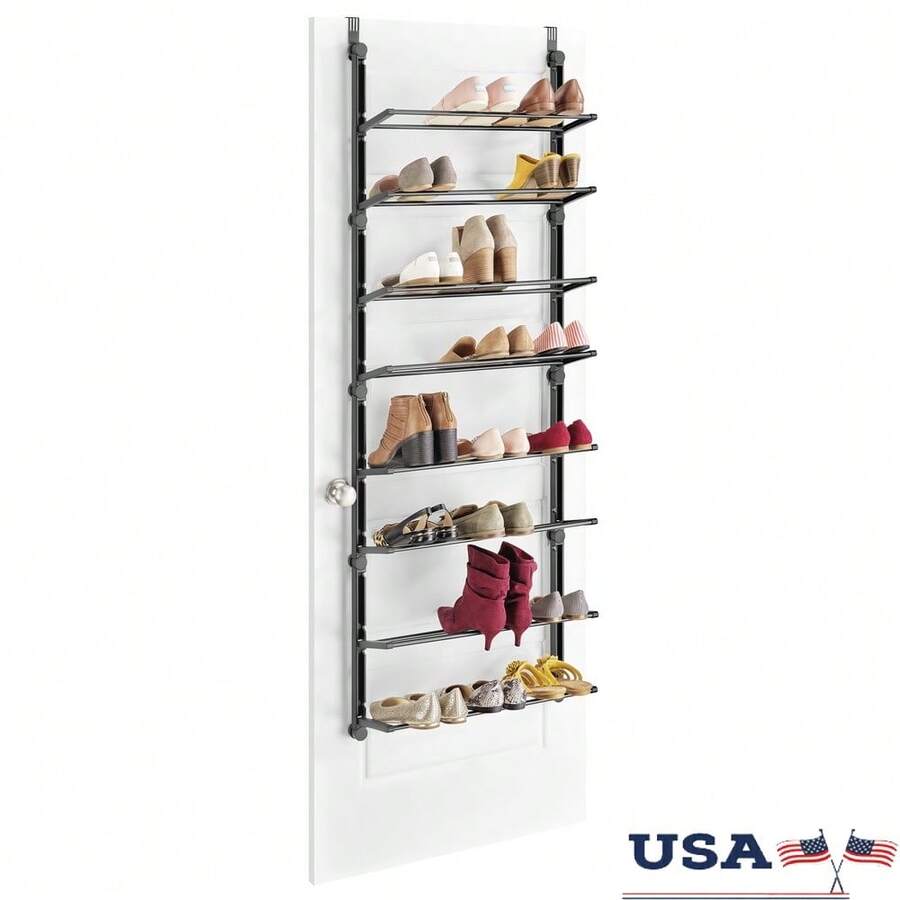 24 Pair Over-Door Shoe Organizer Sturdy 8-Tier Storage Rack Durable Metal Easy Installation Closet Entryway Solution - 黑色 - 查看 1