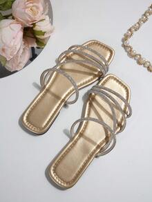 Wide Fit Women's Thin Strap Rhinestone Sandals Summer Square Toe Flat Slide Sandals Fashion Outdoor Wear - Gold - View 8
