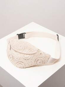 花卉镂空钩针编织斜挎包和腰包，沙滩必备品，钩针套装，旅行必备品，女士度假装（图案随机） - 杏色 - 查看 1