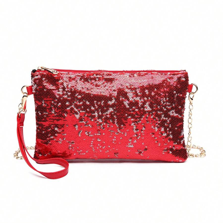 Sequins Clutch Evening Bag With Chain Strap, Sparkly Handbag Crossbody Shoulder Bag, Party Purse For Women And Girls, Ideal For Weddings, Proms, Cocktails, Night Out, Holiday Events - Red - View 1