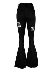 COMFYVOGUE Women Bell Bottom Jeans Elastic Waist Ripped Flared Jean Destroyed Raw Hem Denim Pants - màu đen - Xem 4