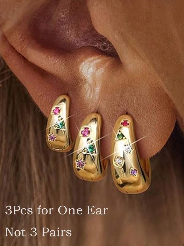3pcs Thick Gold Oval Earring Set, 14K Gold Plated Earrings, Petite & Lightweight, Low Allergy, Multi-Color Cubic Zirconia Inlaid, Stackable, Suitable For Multiple Ear Piercings