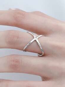 1pc Unique Design Four-Pointed Star Adjustable Open Ring, Double-Sided Wearable Intersecting Line Decor Finger Ring - Antique Silver - View 4