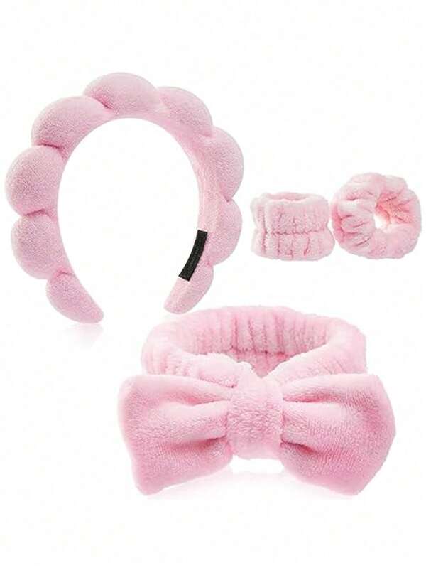 4pcs Luxury Microfiber Spa Headband And Wristband Set, Face Washing Headband, Makeup Headband, Skin Care Headband, Velvet Fluffy Sponge Headband, Soft Absorbent Terry Cloth Fabric Bubble Fluffy Hairband For Skin Care, Makeup Removal, Shower, Suitable For Women And Girls