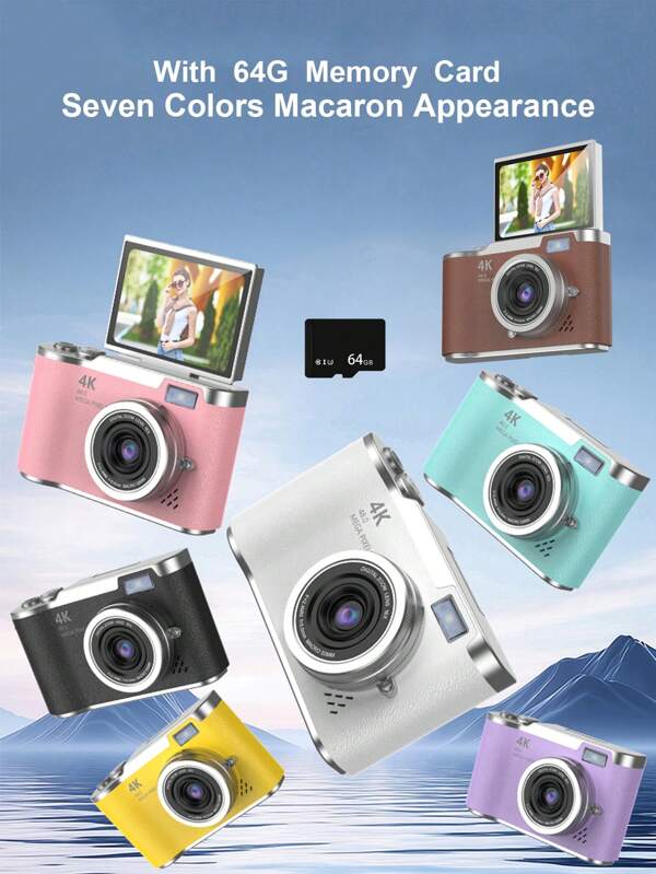 1 pieza Cámara digital de 48 megapíxeles con pantalla giratoria de 2,4 pulgadas, cámara recargable con CCD, tarjeta de memoria de 64G y múltiples modos de filtro. Cámara portátil con función antivibración y zoom inteligente para uso en exteriores