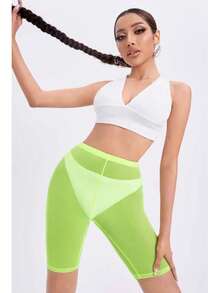 On One - Solid Color Stretch Mesh Biker Shorts With Sheer Detail Casual Fabric Sheer  Biker Shorts  Brunch  Spring & Summer - 霓虹黃 - 查看 1