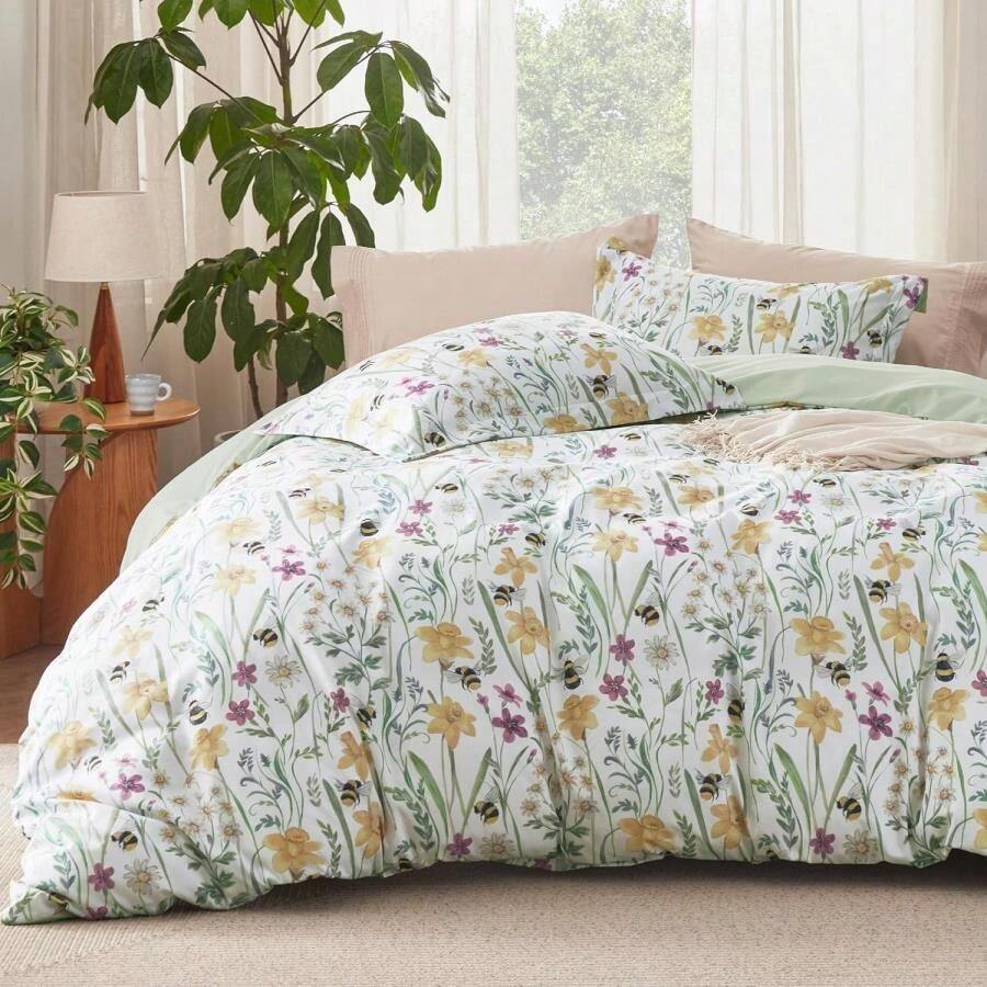 Bedsure Duvet Cover King Size - Reversible Floral Patterned Duvet Cover Set With Zipper Closure, 3 Pieces Green Bedding Set With 8 Corner Ties And 2 Pillow Shams 20"X36" - 04 - 綠色碎花(無被子) - 查看 1