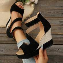 Sandalias de cuña para mujer con plataforma gruesa, tela de ante, impermeables, zapatos de tacón alto hueco, elegantes - Negro - Ver 1