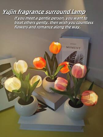 1pc Ceramic Tri-Color Touch Control USB Rechargeable LED Tulip Flower Light, Desktop Decor Small Night Light, Imitation Flower Bouquet Lamp, Indoor Bedside Sleeping Light, Holiday Party Decorative Atmosphere Light, Valentine's Day Gift