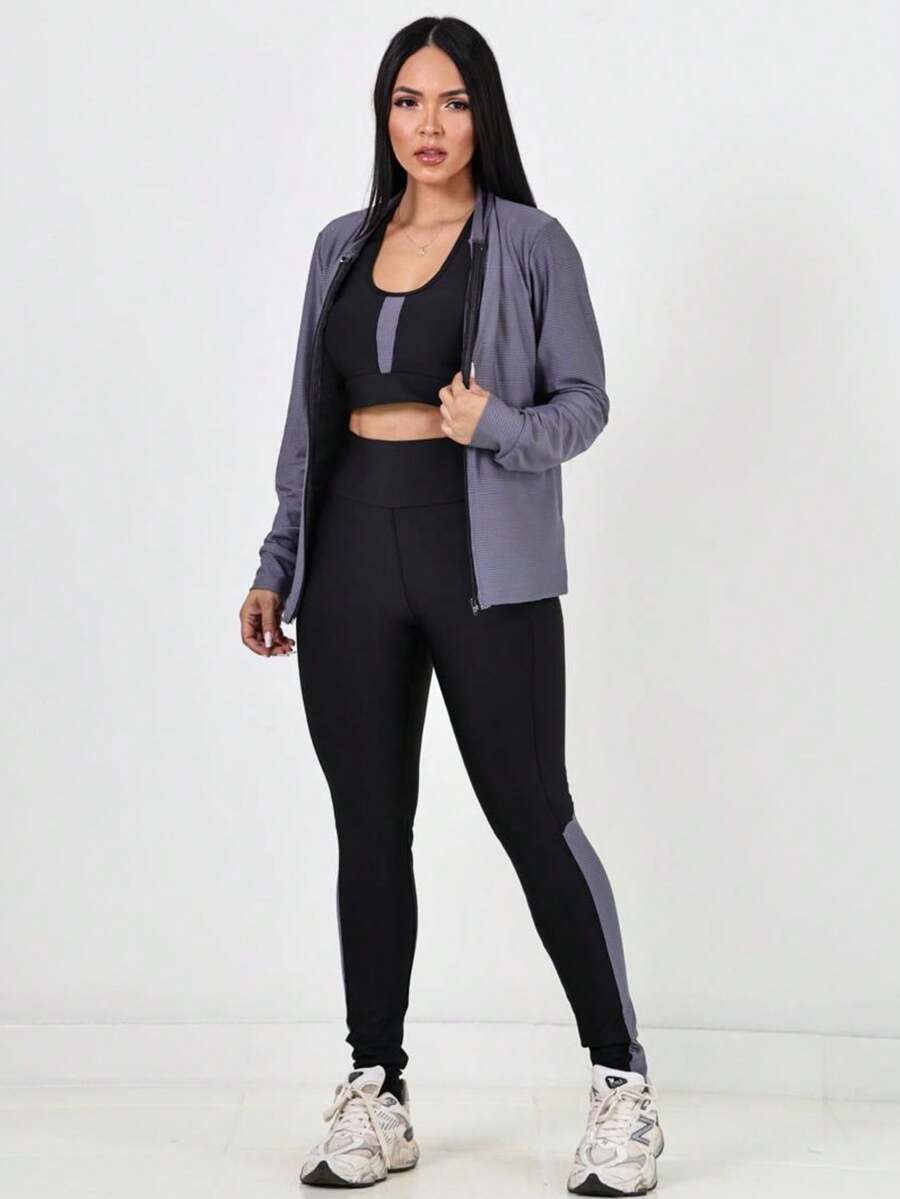 TRIO - 3 Piece Fitness Kit Bomber Jacket + Top + Dry Fit Pants - Grey - View 1