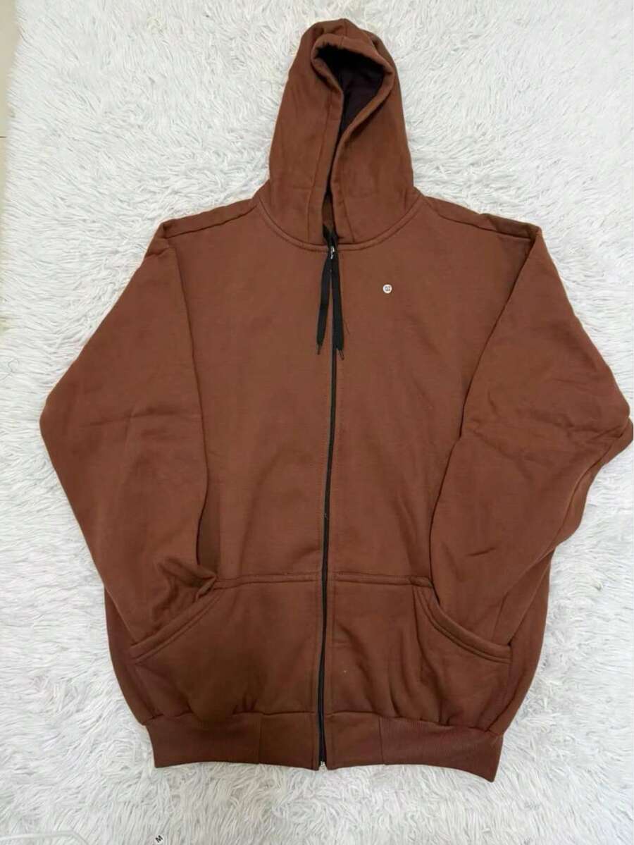 R&S G1 G2 G3 Sweatshirt Men's Plus Size Basic Plain Flannel Cold Weather Top With Hood And Zipper Pocket - 鏽棕色 - 查看 1