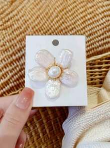1 pieza Broche de flor de perla de estilo barroco de lujo, Alfiler de solapa de mujer de gama alta, Accesorio de clip de suéter elegante de moda para dama