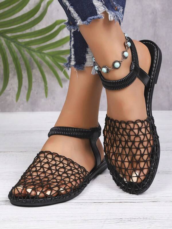 Women Rhombus Plaid Gothic Boho Style Flat Sandals, Hollow Out Woven Tie Back Outdoor Beach Holiday Office Home Wear, All Season
