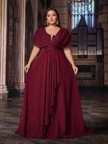 Elegant Plus Size Women Summer Sequin Formal Evening Gowns Spring Bridesmaid Wedding Guest Prom Cocktail Party Maxi Dresses Chiffon Gala Banquet Fall - Burgundy - View 3