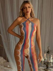 性感情趣内衣连体衣诱惑彩色条纹挂脖连体网眼连体衣连体丝袜女情趣服装情趣连体衣和连体袜 - 彩色 - 查看 9