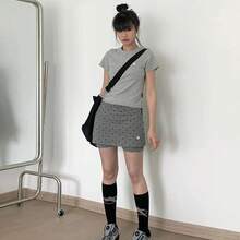 ハイウエストの女性用グレーのショートスカートと、夏の太ったmmの大きなサイズのお腹をカバーし、スリムな水玉模様のキュロットAラインヨガヒップスカート - ダークグレー - チェックする 3