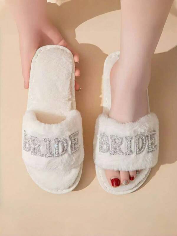 1 par de sandalias planas de mujer con letras de perlas decoración de novia, sandalias abiertas de piel sintética para interiores/exteriores, elegantes y de moda para novia, boda, fiesta, color blanco