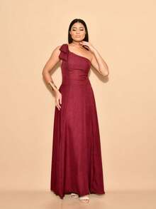 Helena Long Dress Luxury Plain Duna Linen With Bow One Shoulder - Gỗ đỏ - Xem 2