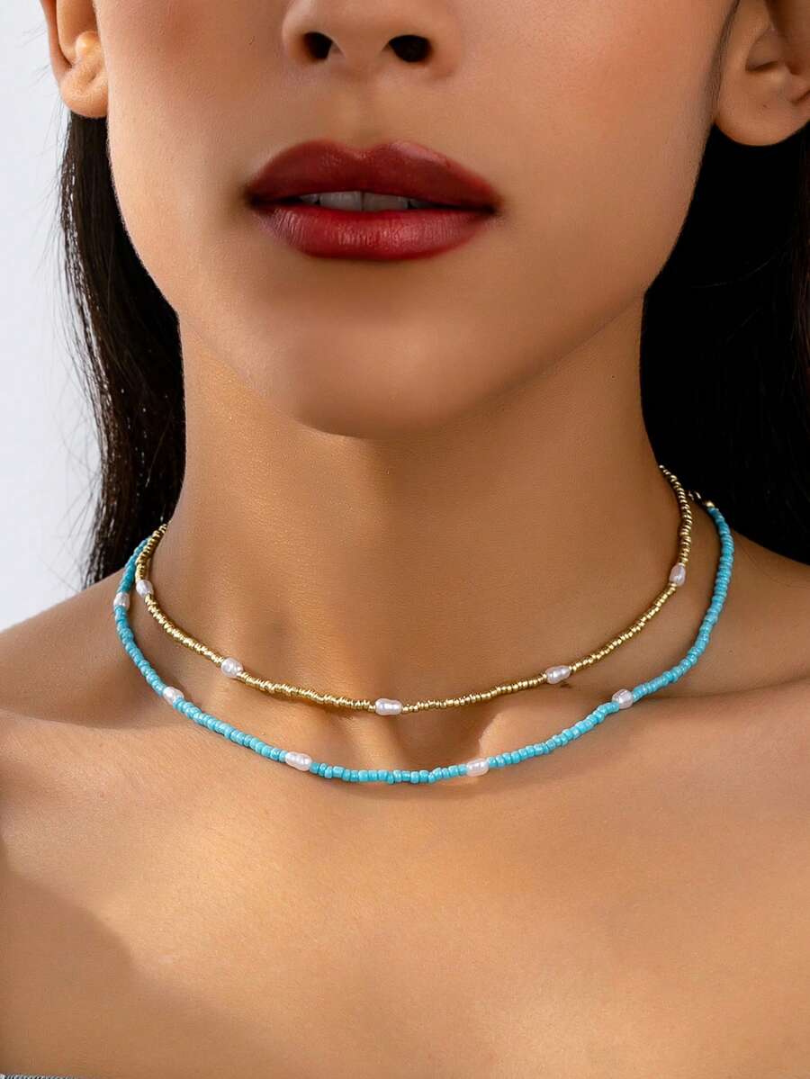 2 Pieces Minimalist Pearl Beaded Choker Necklace Sets - Blue - View 1