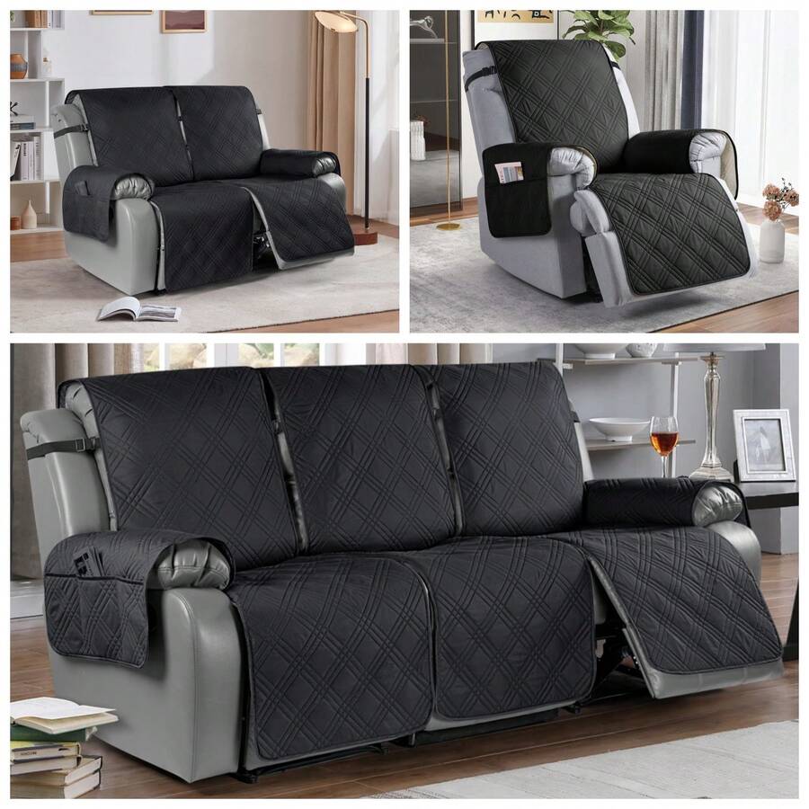 1/2/3 Seat Waterproof Recliner Sofa Cover, Non Slip Recliner Chair Covers, Washable Reclining Couch Cover Outdoor Cushion Covers Garden Furniture Protector With Elastic Straps Pocket For Pets, Cats, Dogs Black - 黑色 - 查看 1